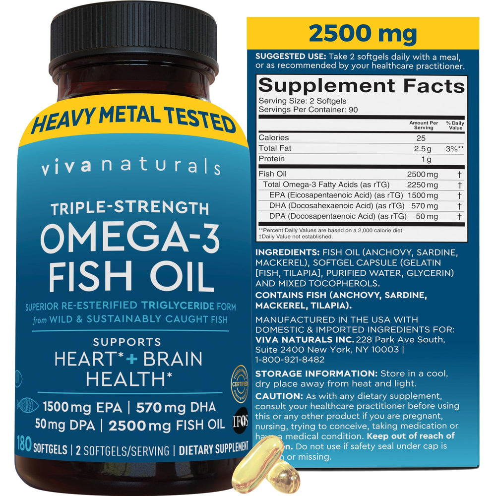 Viva Naturals triple-strength omega-3 bottle for daily heart and brain health support