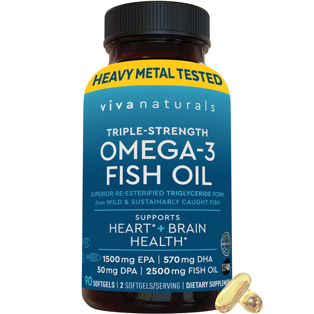Viva Naturals triple-strength omega3 bottle with easy-to-swallow softgels for daily support.