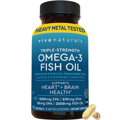 Viva Naturals triple-strength omega3 bottle with easy-to-swallow softgels for daily support.