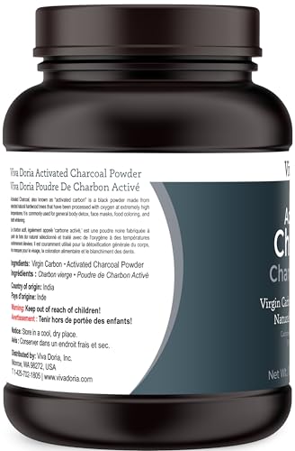 Viva Doria activated charcoal powder closeup highlights fine texture for versatile uses.