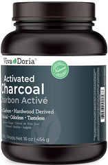 Viva Doria activated charcoal powder packaging with screw-top jar for convenient storage.