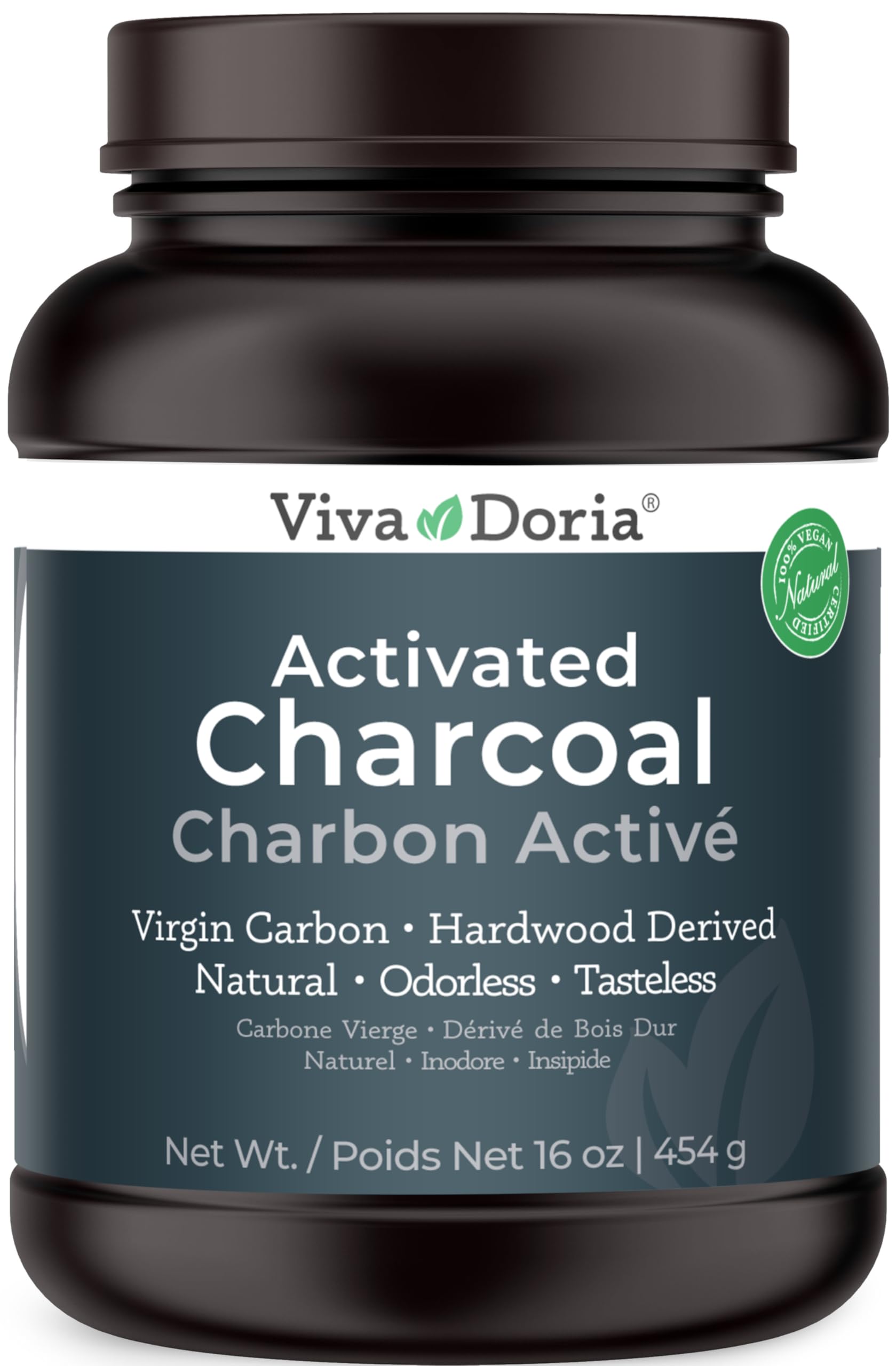 Viva Doria activated charcoal powder scoop showing easy measuring for home remedies.
