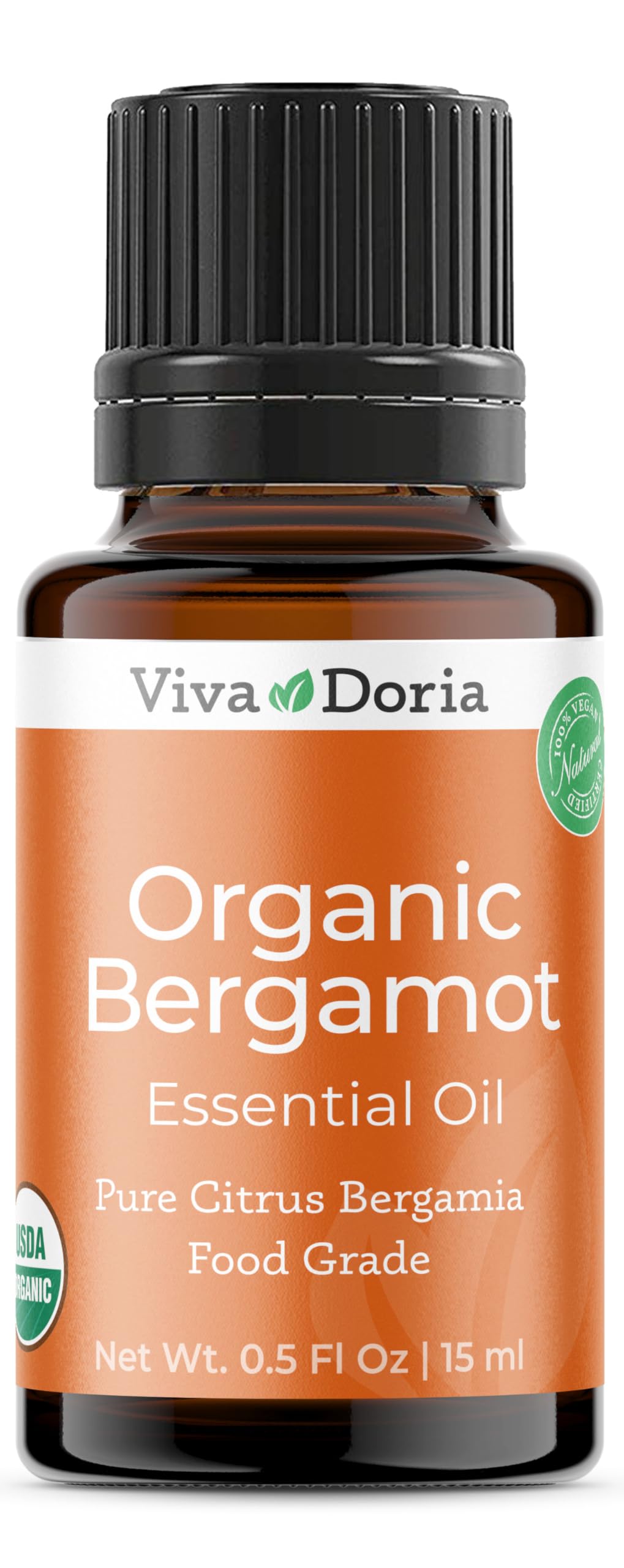 Viva Doria Bergamot oil in an amber bottle for pure fragrance and easy aromatherapy use.