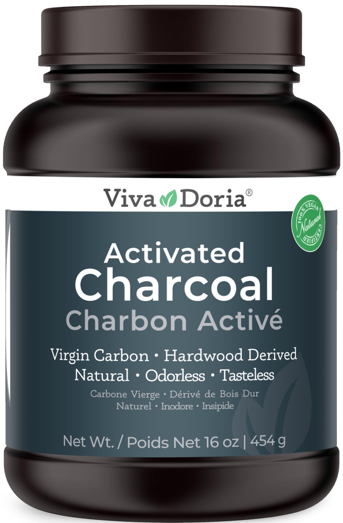 Viva Doria virgin activated charcoal powder in a jar for filtration and beauty prep.