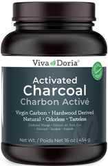 Viva Doria virgin activated charcoal powder in a jar for filtration and beauty prep.
