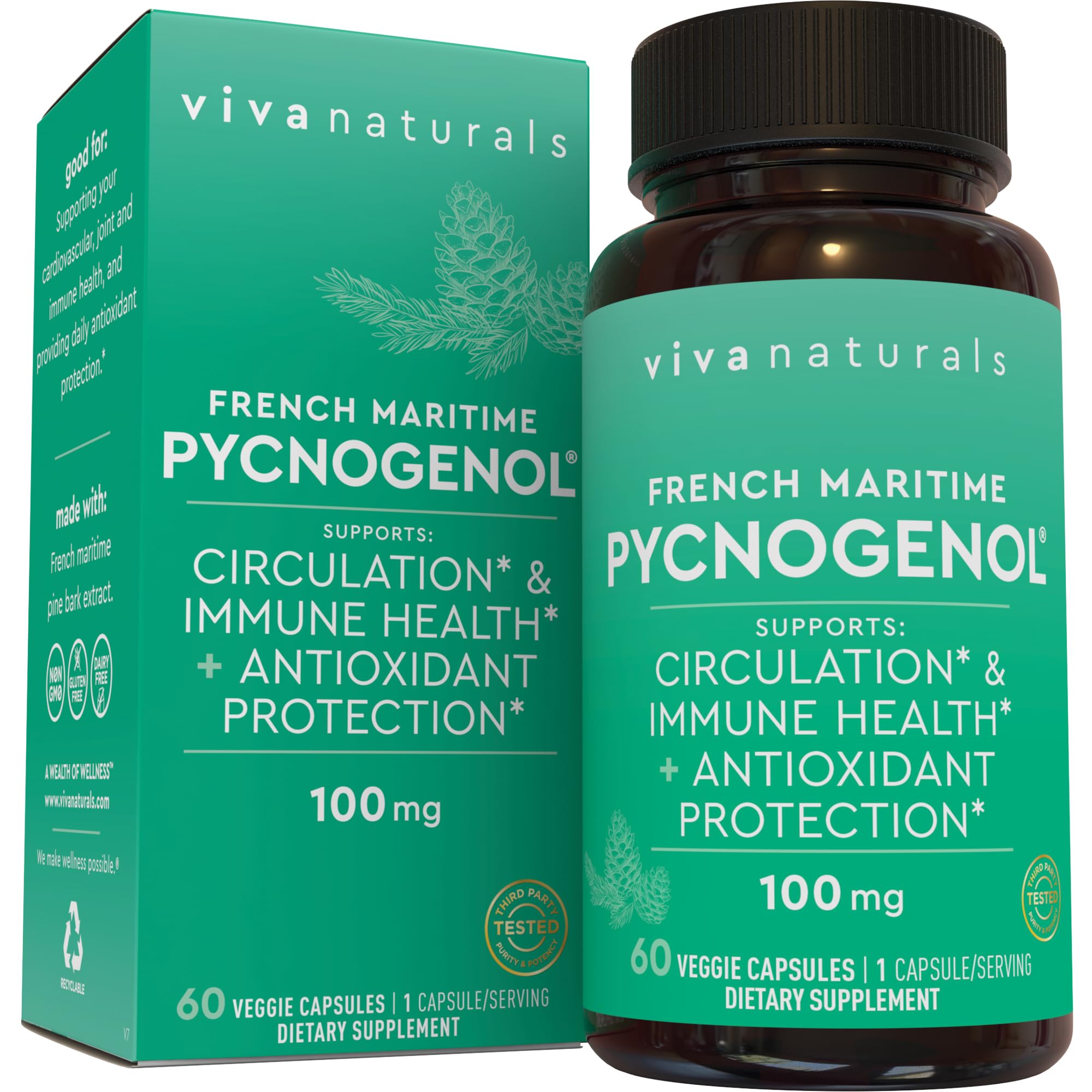 Viva Naturals Pycnogenol bottle front with capsules for potential circulation support