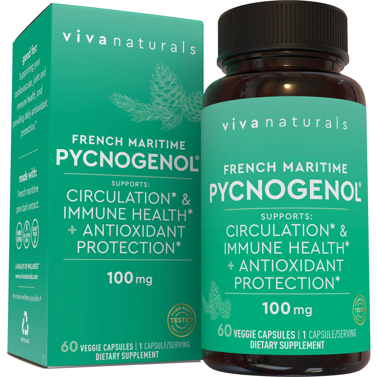 Viva Naturals Pycnogenol bottle front with capsules for potential circulation support