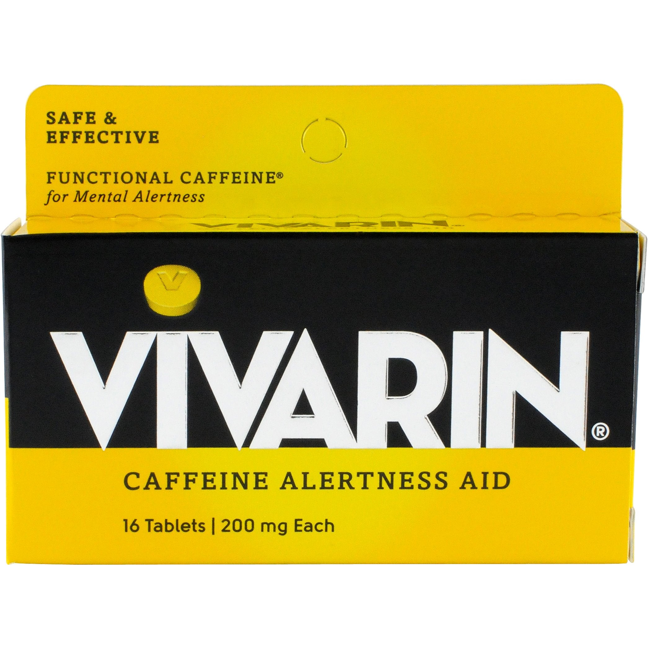 Vivarin alertness aid tablet shown for quick focus during busy days.