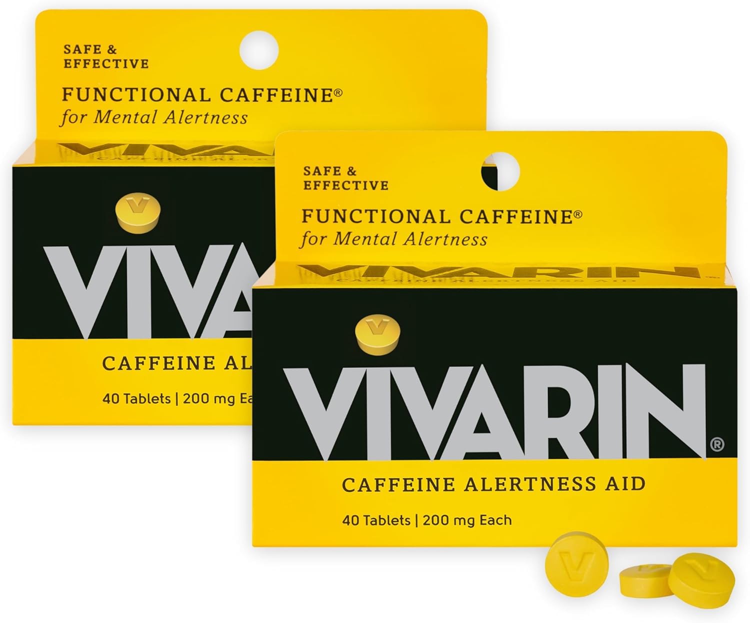 Vivarin bottle front view with pills for quick alertness