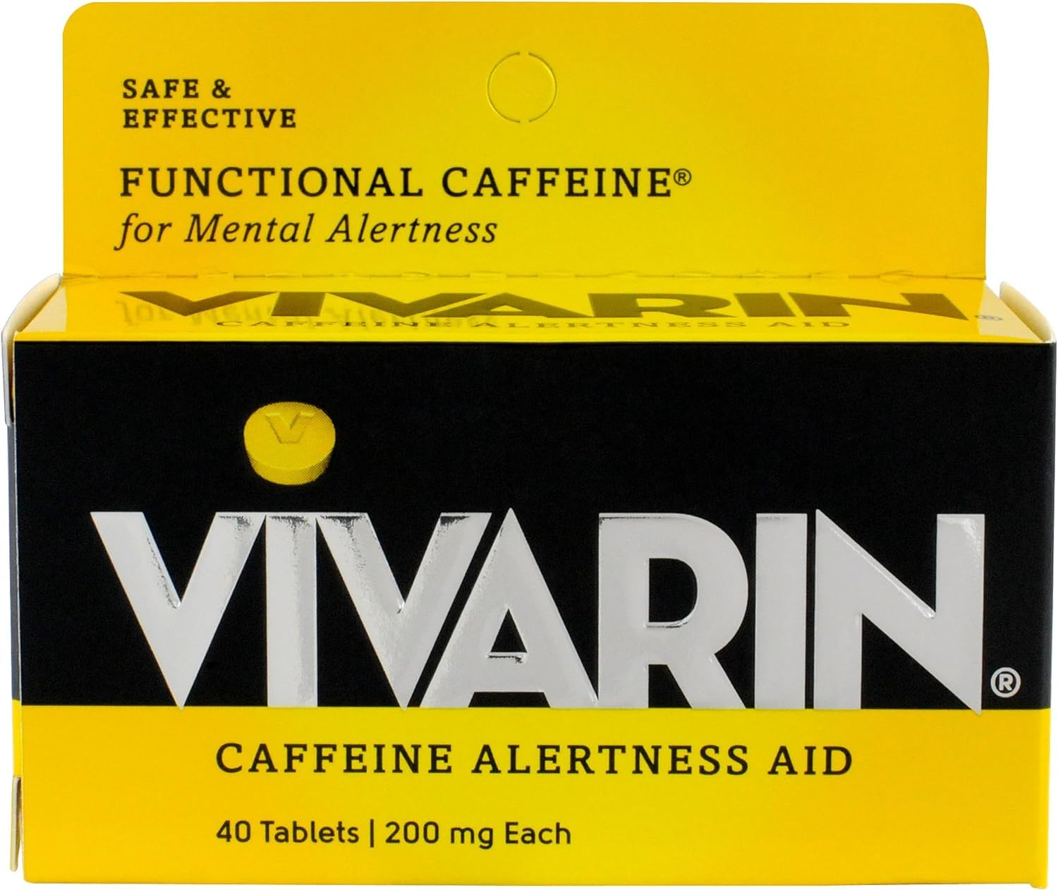 Vivarin bottle front view showing easy access to quick caffeine on demand