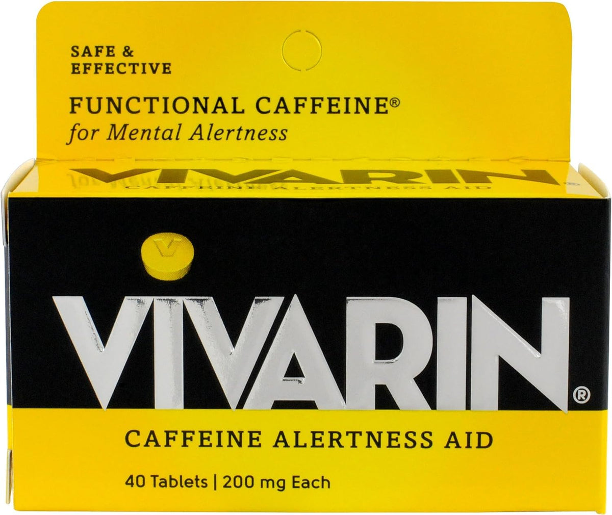 Vivarin bottle front view showing easy access to quick caffeine on demand