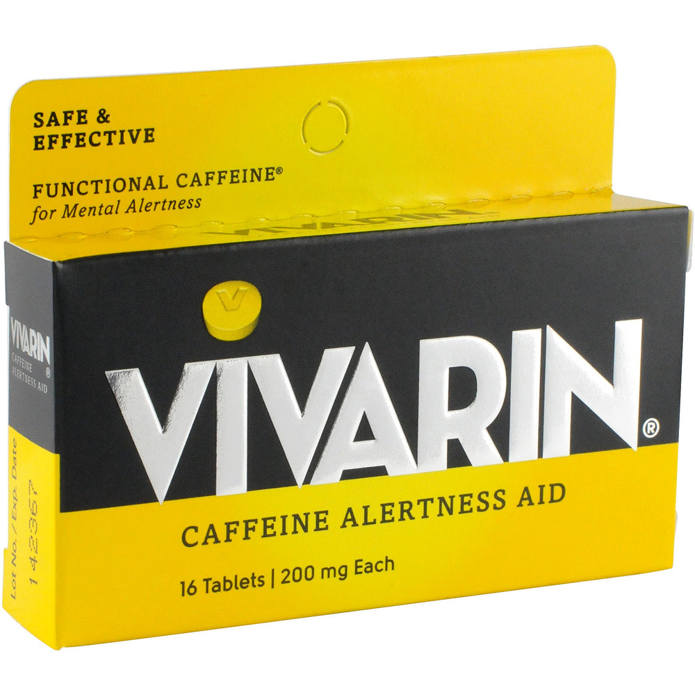 Vivarin bottle side label highlights sugar-free energy with no calories.