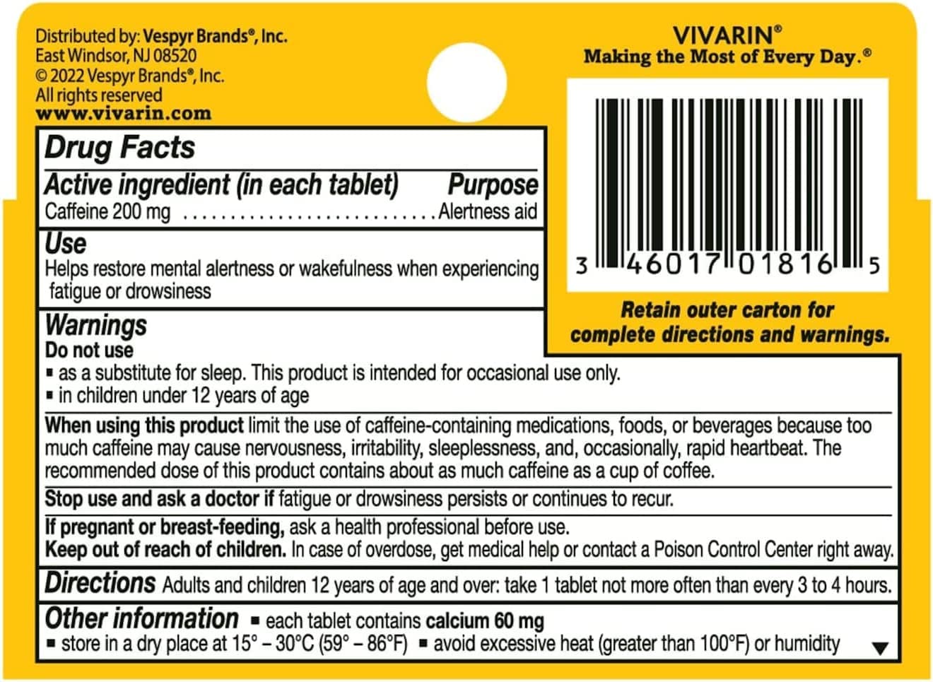 Vivarin 16-tablet pack back view with dosing label, alertness on demand.