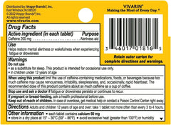 Vivarin 16-tablet pack back view with dosing label, alertness on demand.