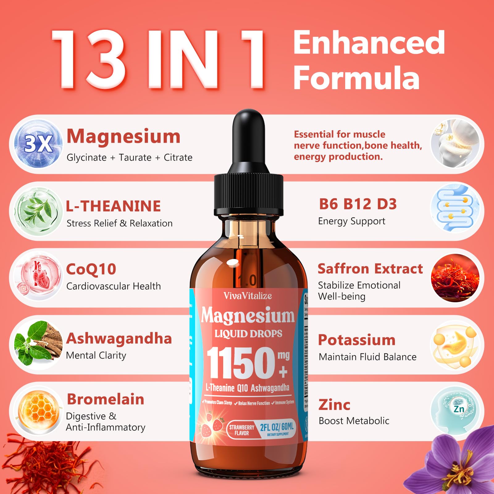 Magnesium taurate and citrate liquid bottle highlighting balanced blend