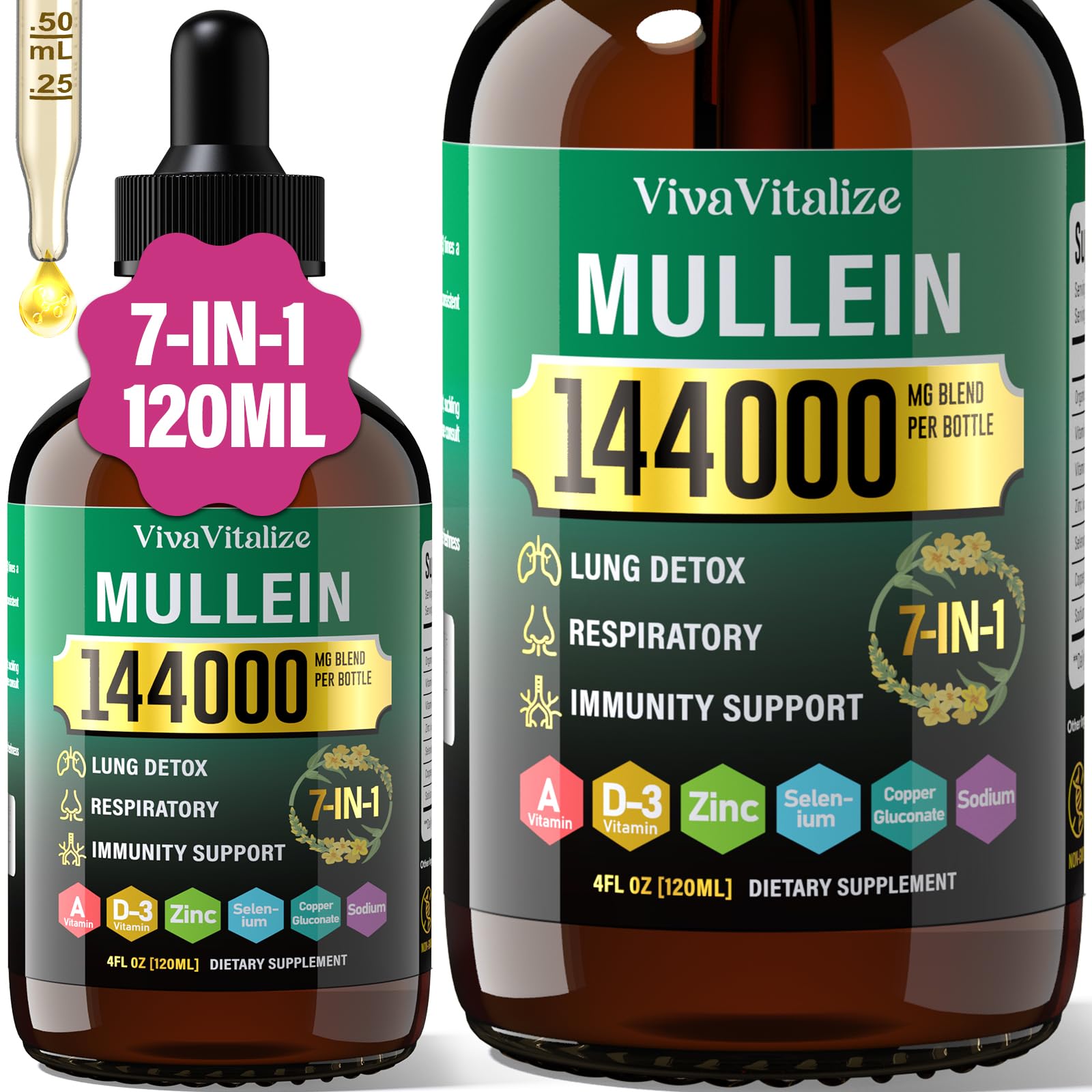 VivaVitalize Mullein Drops bottle showing herbal formula for respiratory support