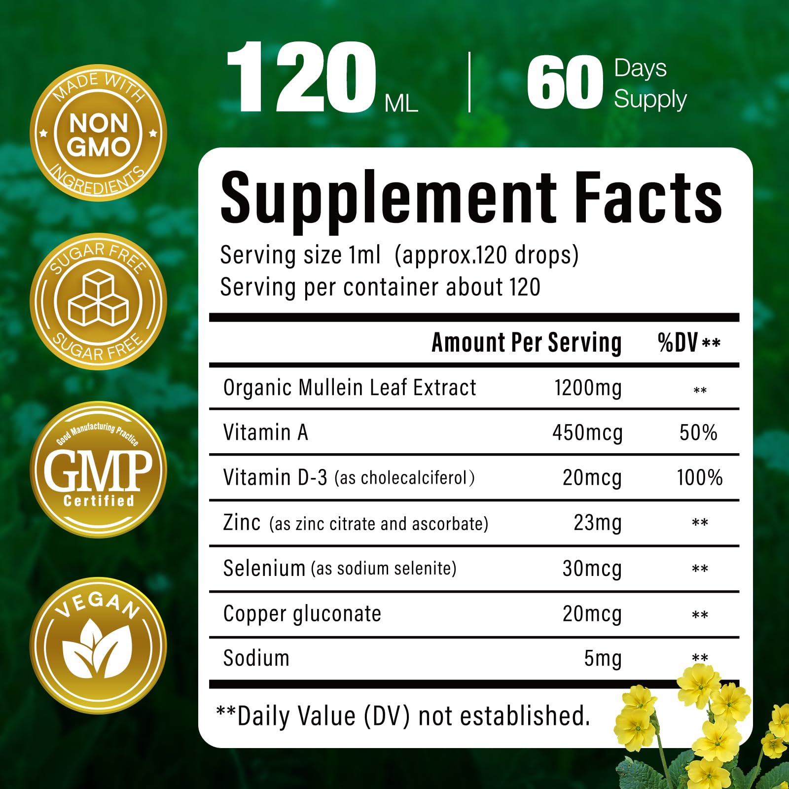 VivaVitalize Mullein Drops GMP-certified badge signals quality control