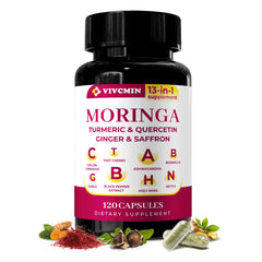 Vivcmin Moringa Capsules bottle showing 120-count packaging for daily energy support.