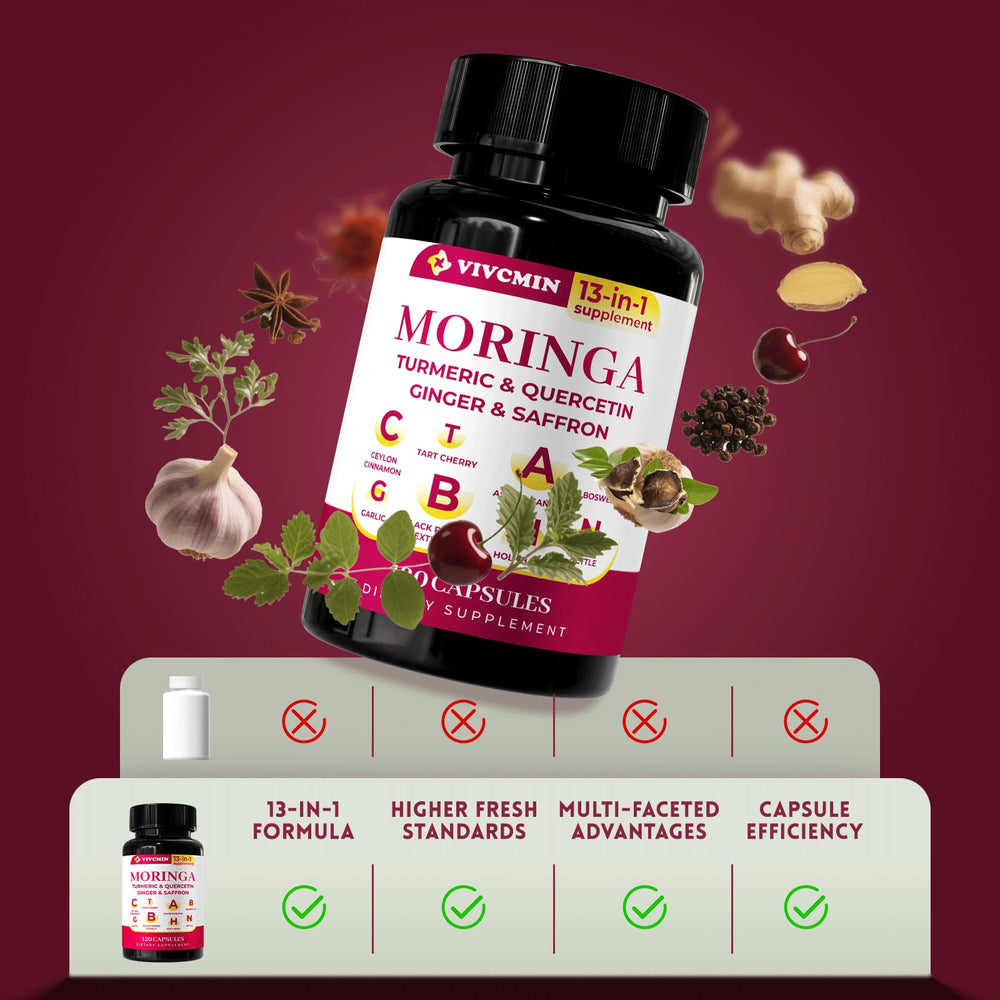 Vivcmin packaging highlights sustainably harvested moringa leaf and natural ingredients.