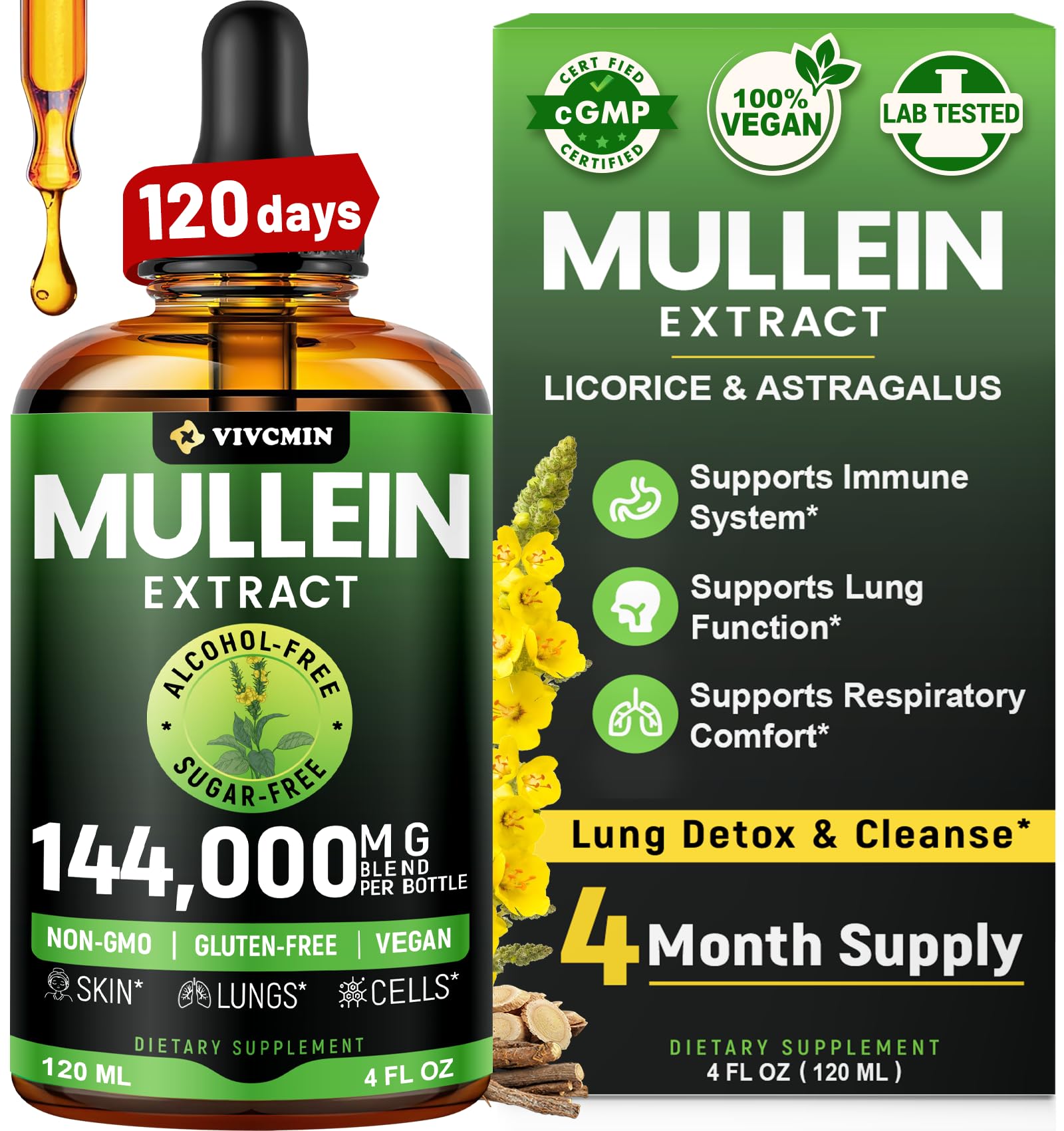 Vivcmin Mullein Drops bottle being poured for daily lung support