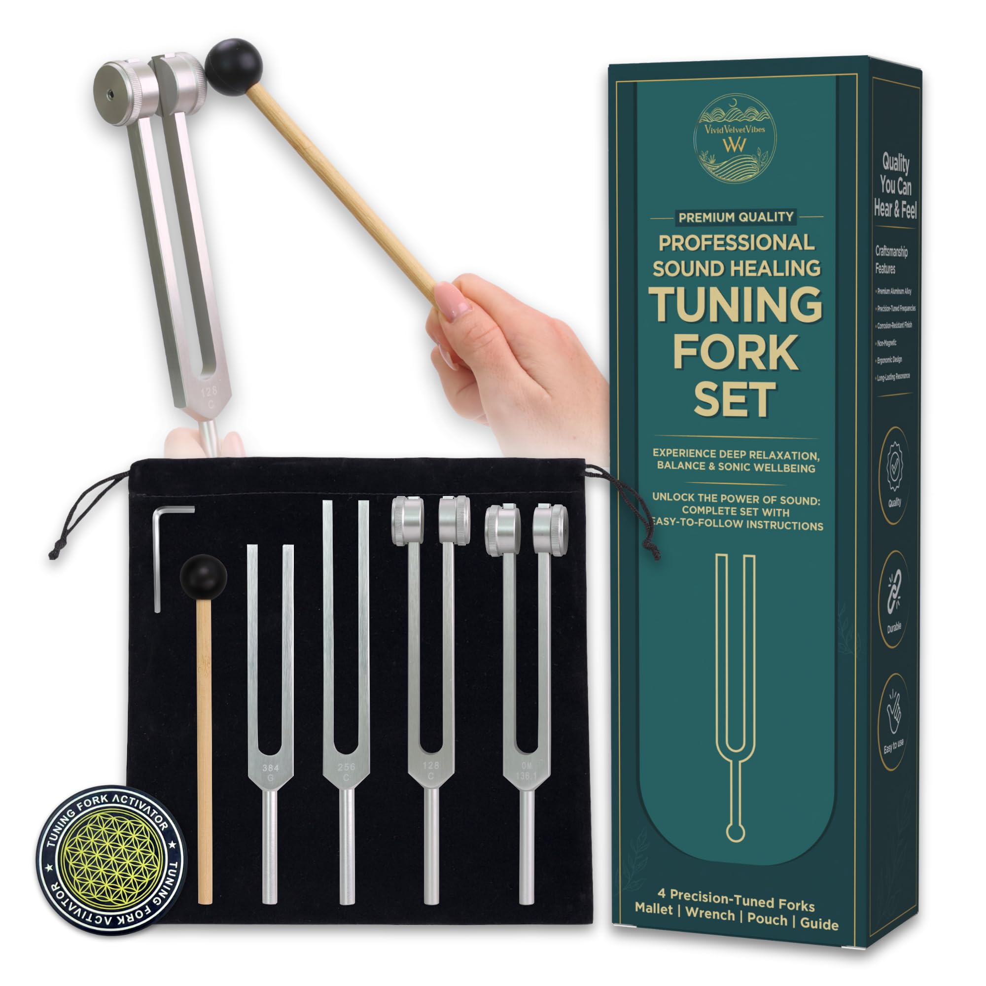 VIVIDVELVETVIBES tuning forks 128Hz for deep relaxation and chakra balance.