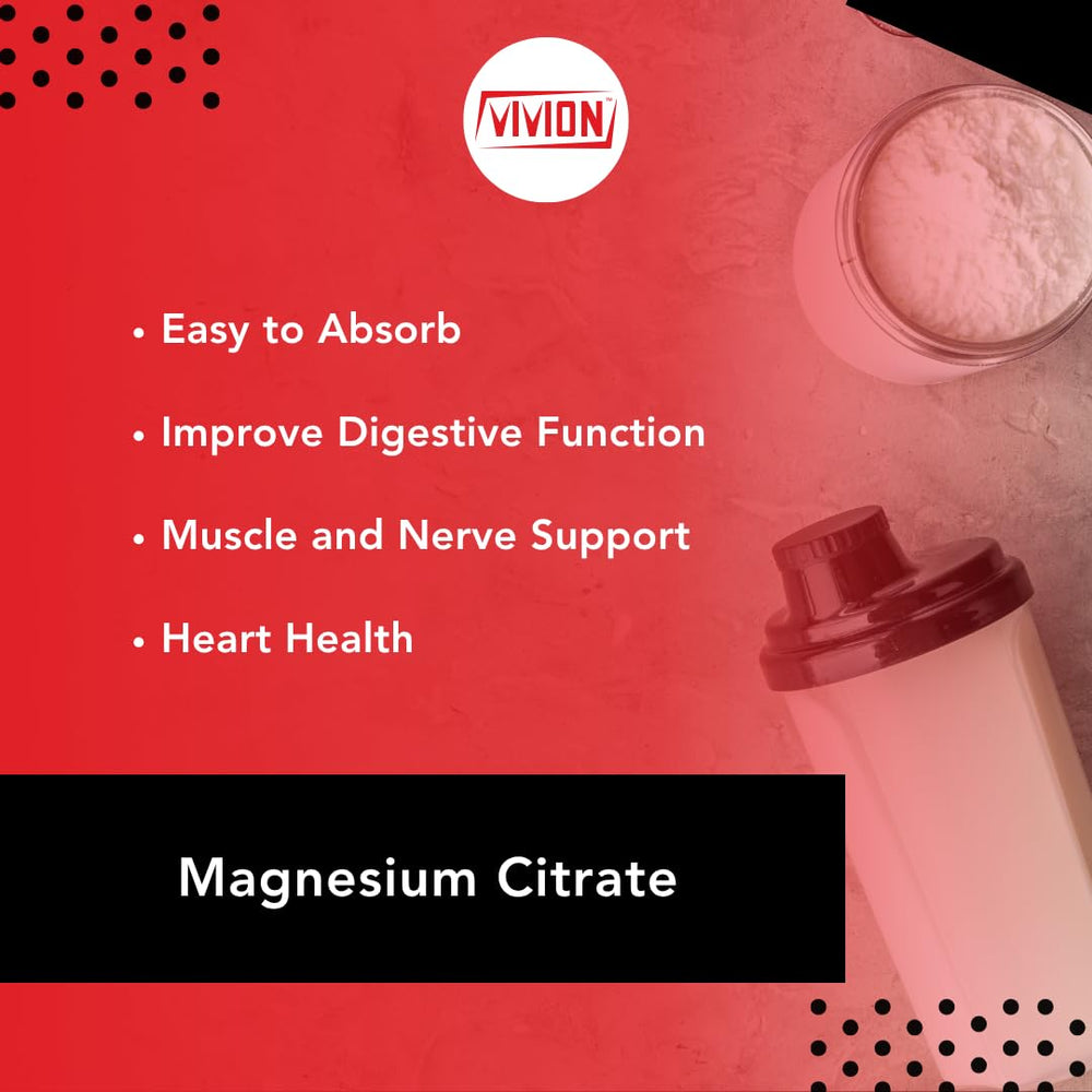 Vivion magnesium citrate powder close-up mesh demonstrates fine particle texture for smooth blending.
