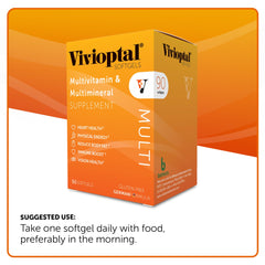 Vivioptal Multi bottle on bright desk, ideal for on-the-go daily nutrition.