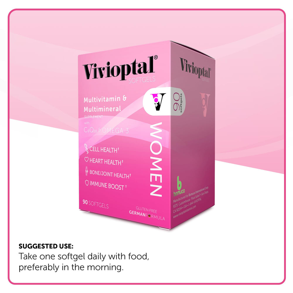 Vivioptal Women CoQ10 Omega-3 capsules for energy and immune support.