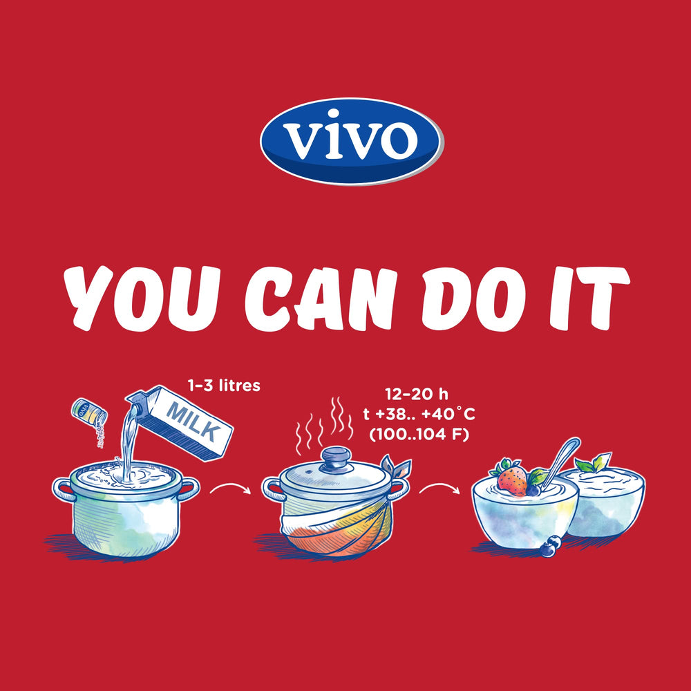 VIVO yogurt starter ingredients label shows freeze-dried cultures for easy use