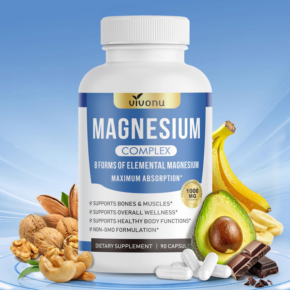 VivoNu 1000mg magnesium bottle shows eight-form formula for balanced wellness