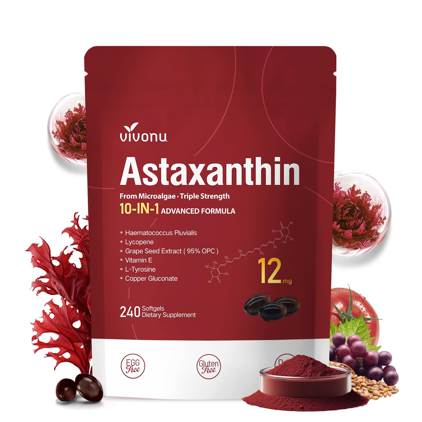 VivoNu 10-in-1 astaxanthin bottle aids eye, joint, and skin health.