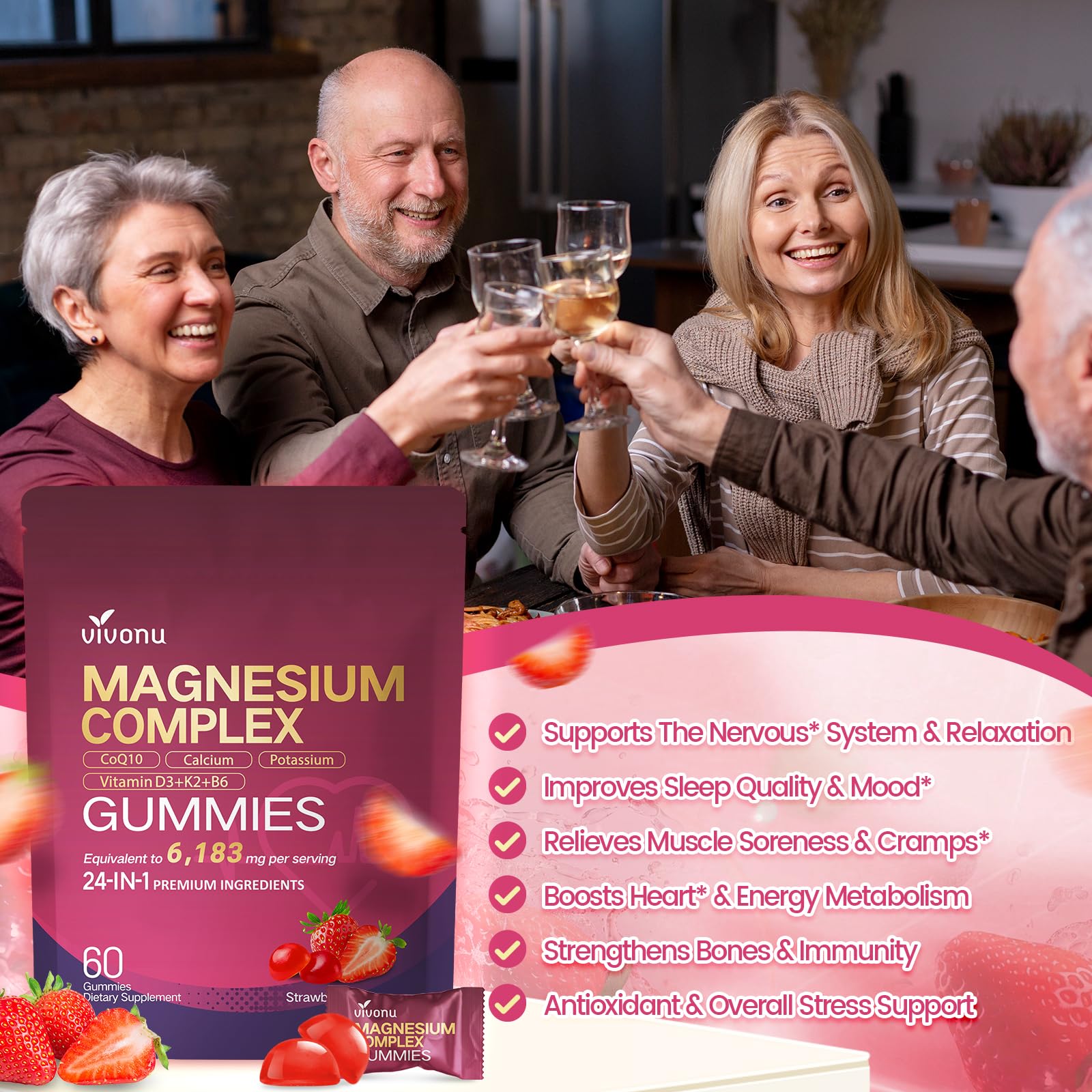 VivoNu 24-in-1 Magnesium Gummies closeup of ingredients including CoQ10.