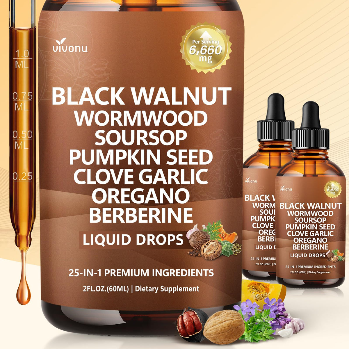 VivoNu 25-in-1 liposomal tincture bottle front view for daily wellness.