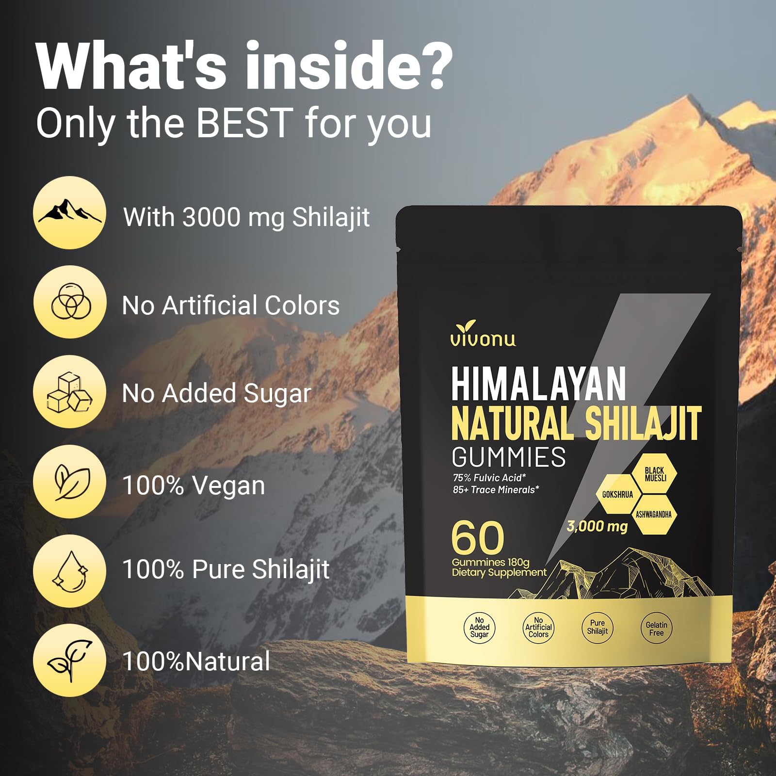 VivoNu 85+ minerals graphic illustrating fulvic acid and broad micronutrient spectrum for daily wellness