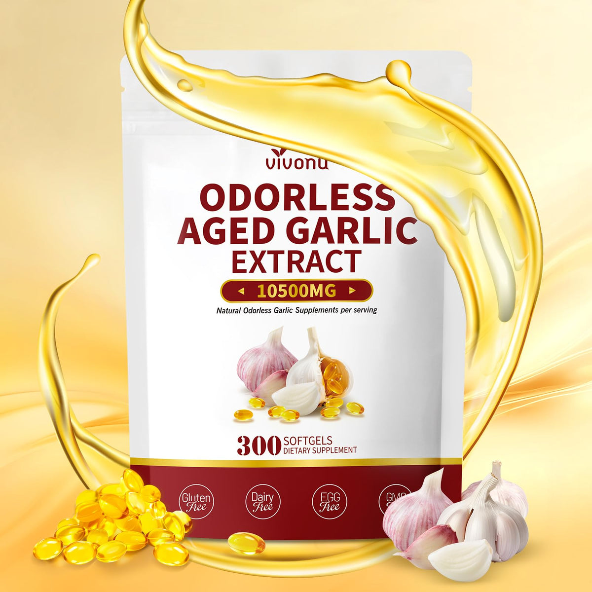 VivoNu aged garlic extract softgels bottle showing high-potency formula for daily wellness.
