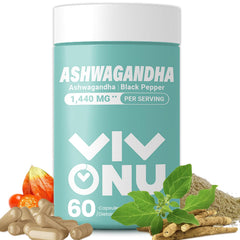 VivoNu Ashwagandha capsules bottle showing stress-support formula