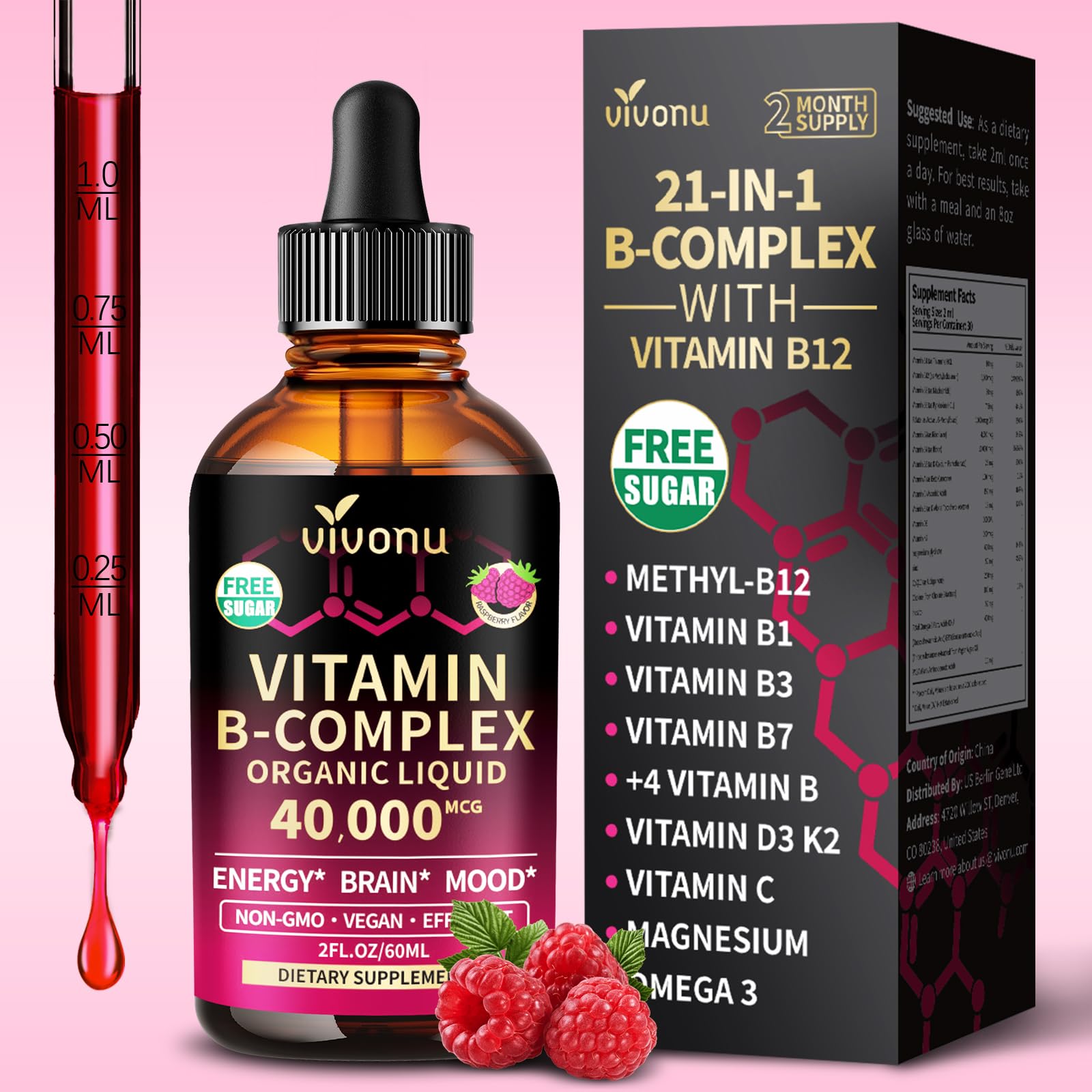 VivoNu B Complex liquid drops bottle for easy daily energy support.