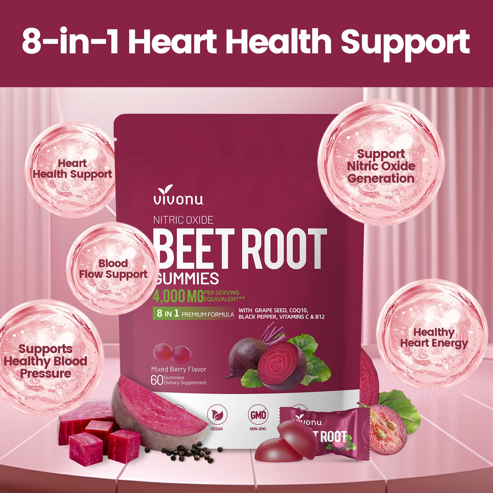 Berry-flavored VivoNu Beet Root Gummies close-up highlighting natural taste