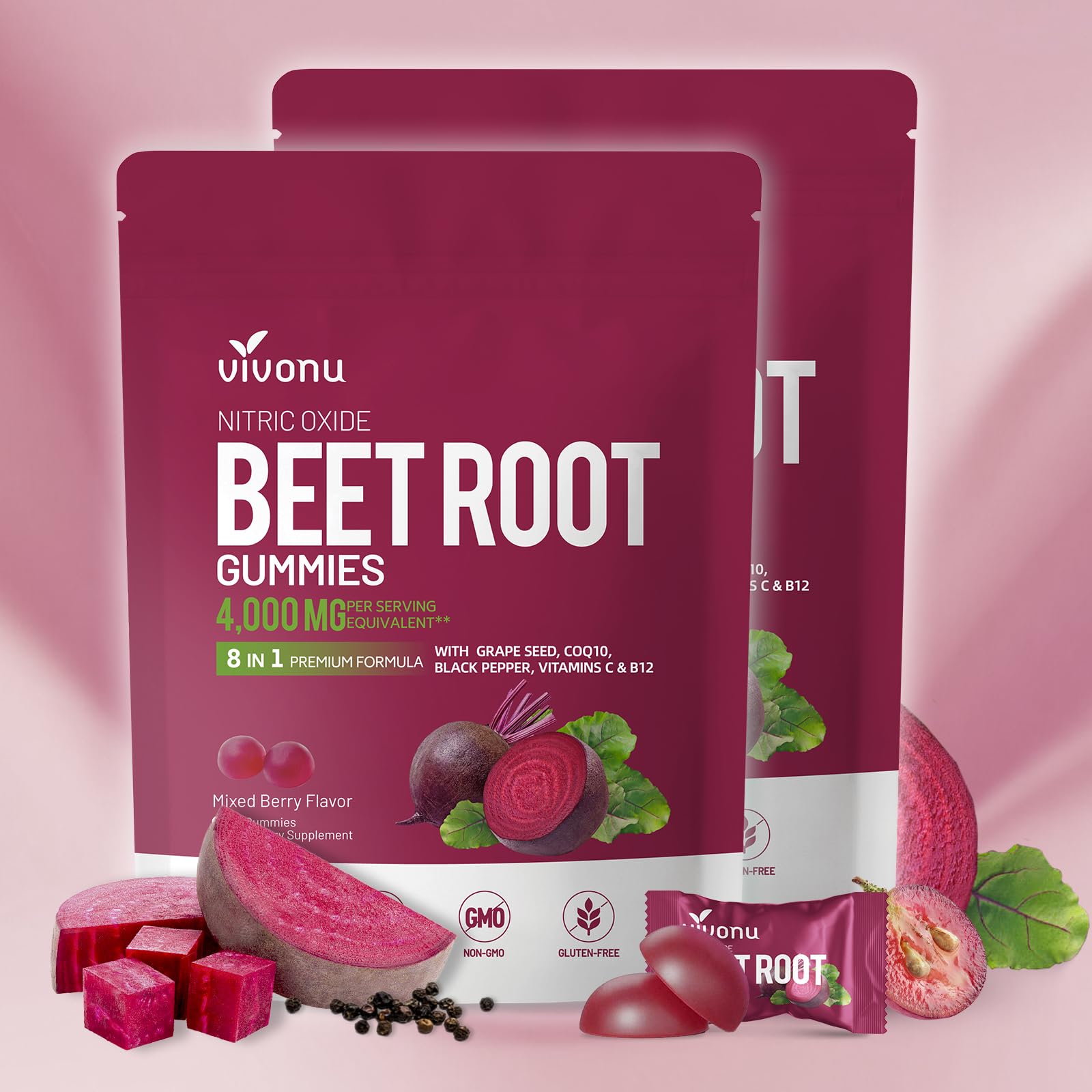 VivoNu Beet Root Gummies bottle with 60 servings for daily energy support
