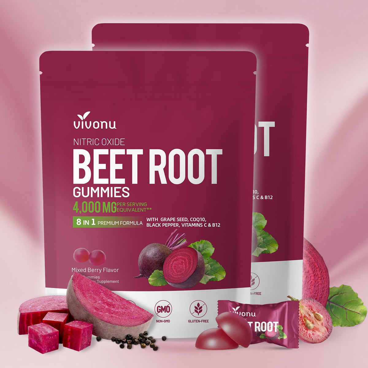 VivoNu Beet Root Gummies bottle with 60 servings for daily energy support