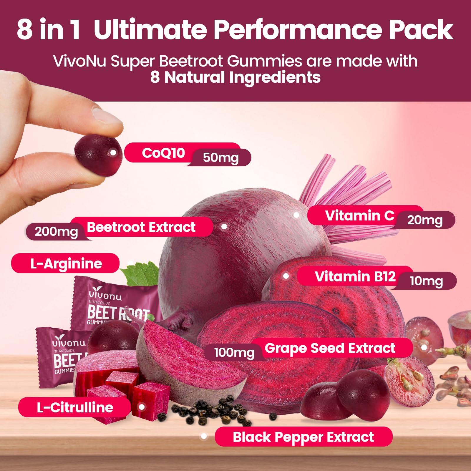 Close-up of gummy texture and berry flavor in VivoNu 8-in-1 formula