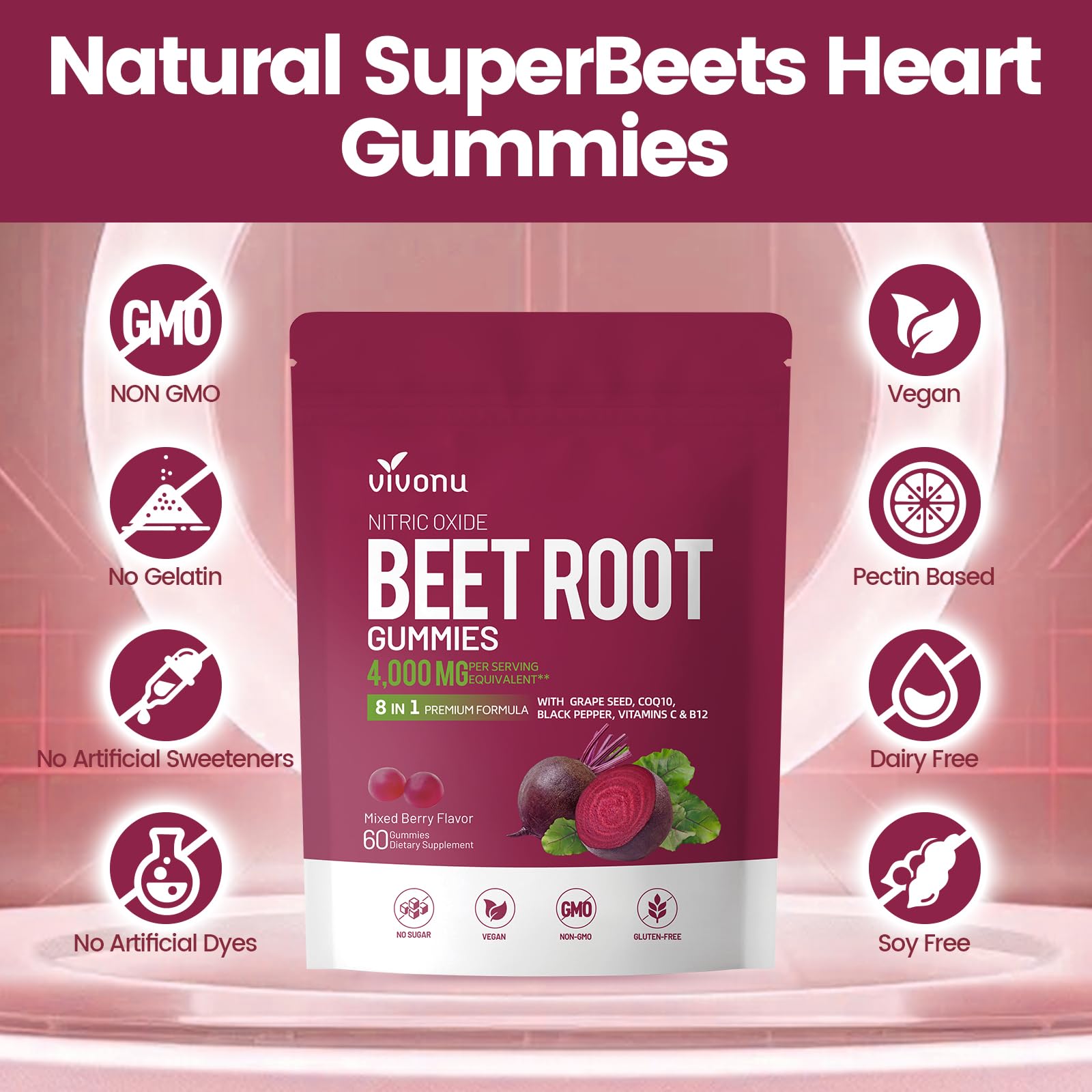 Box and label showcasing VivoNu beetroot gummies nutrition details