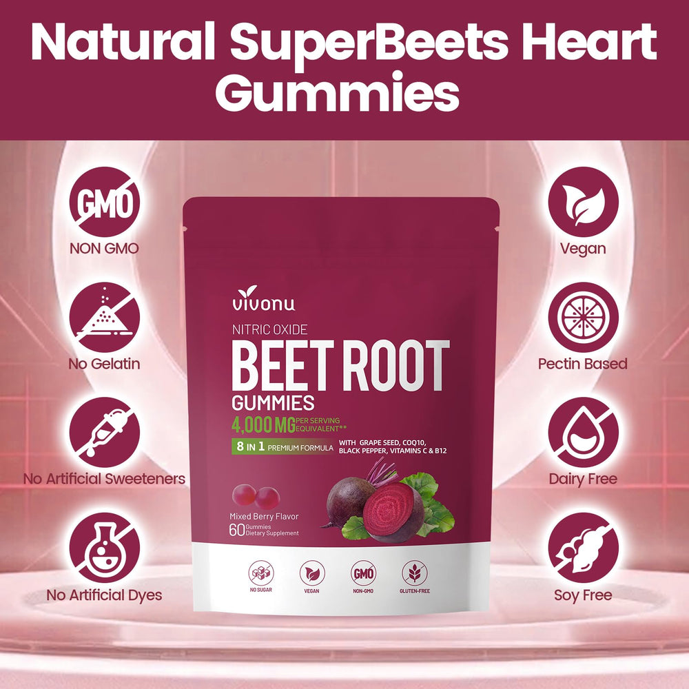 Box and label showcasing VivoNu beetroot gummies nutrition details