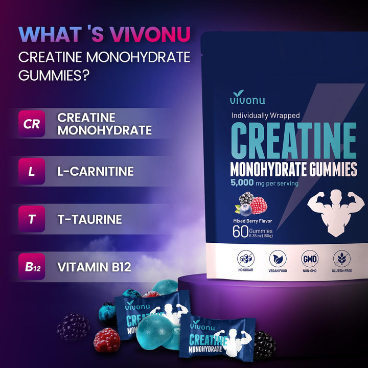VivoNu Creatine Gummies held in hand, ready for training on the go.