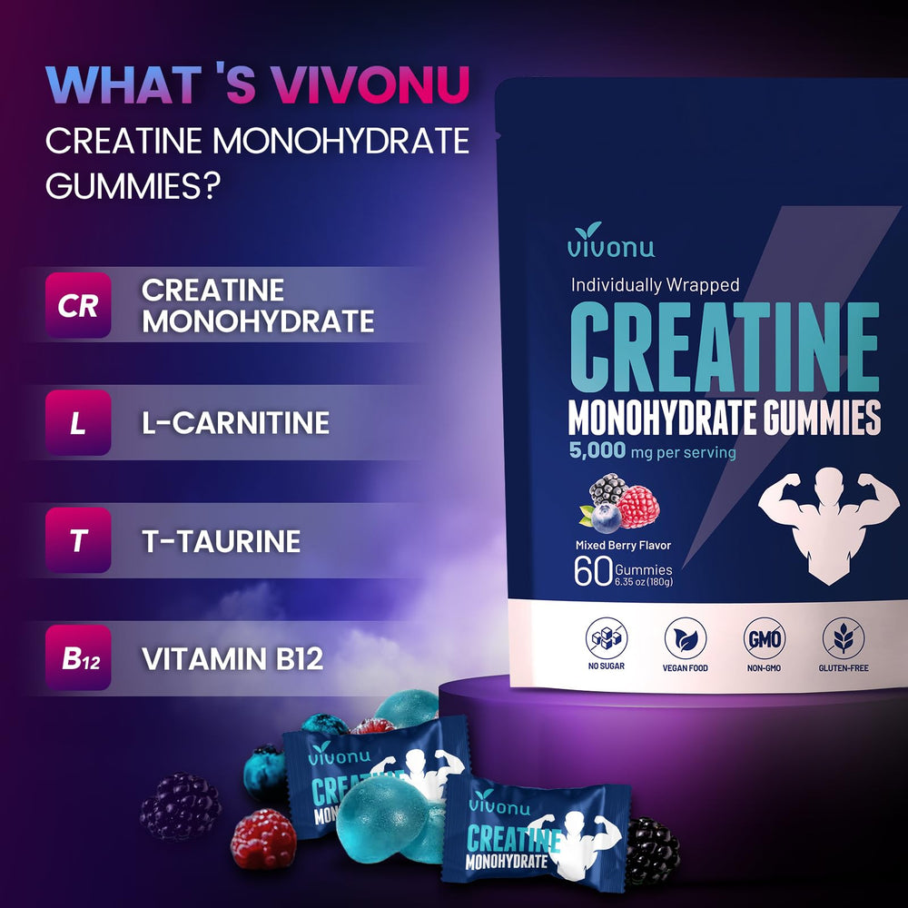 VivoNu Creatine Gummies held in hand, ready for training on the go.