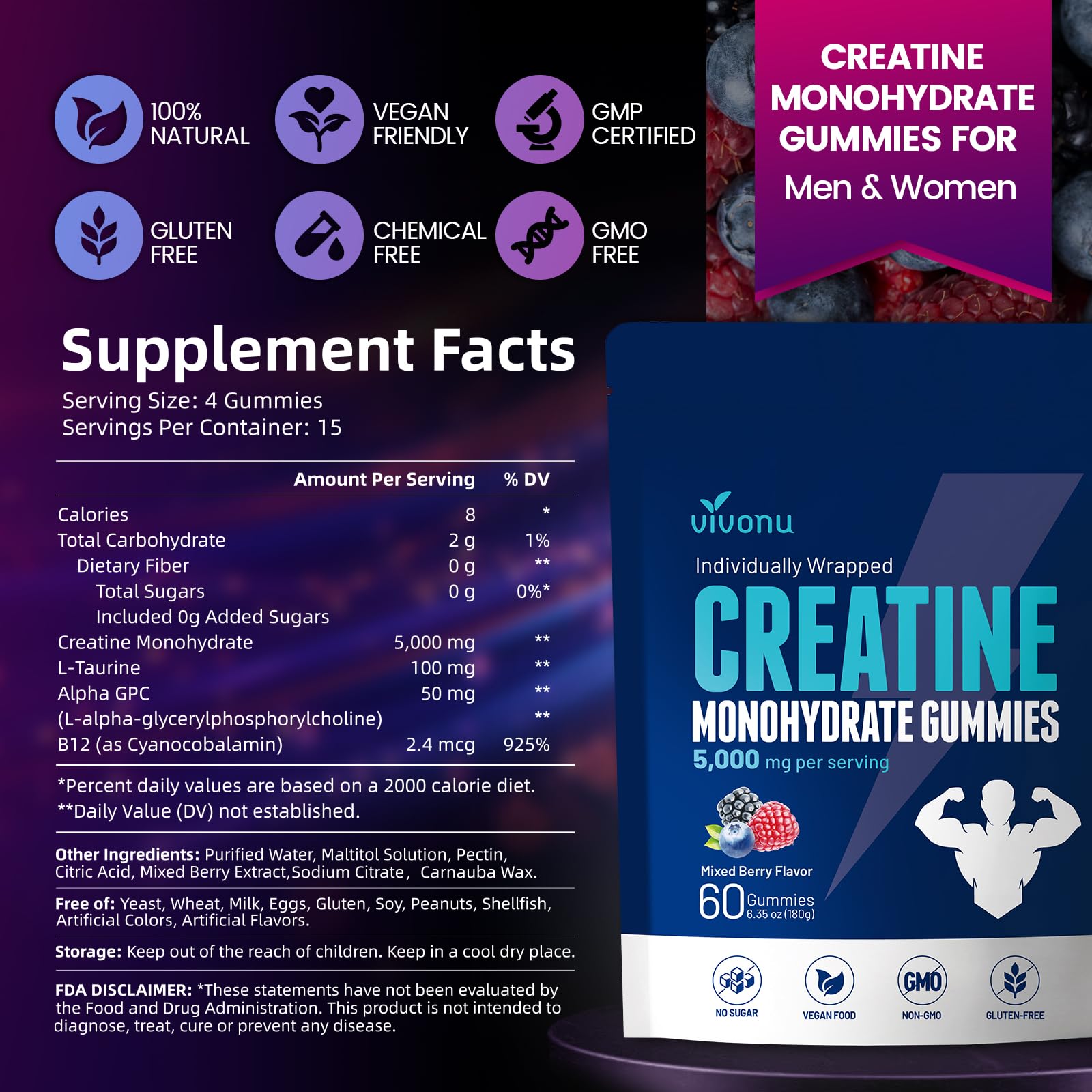 Nutrition label on VivoNu Creatine Gummies for transparent ingredient listing.