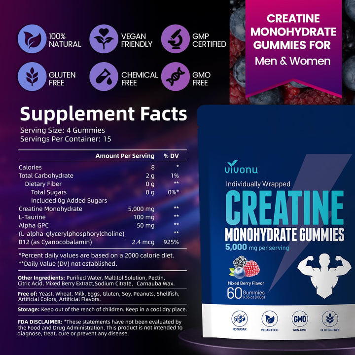 Nutrition label on VivoNu Creatine Gummies for transparent ingredient listing.