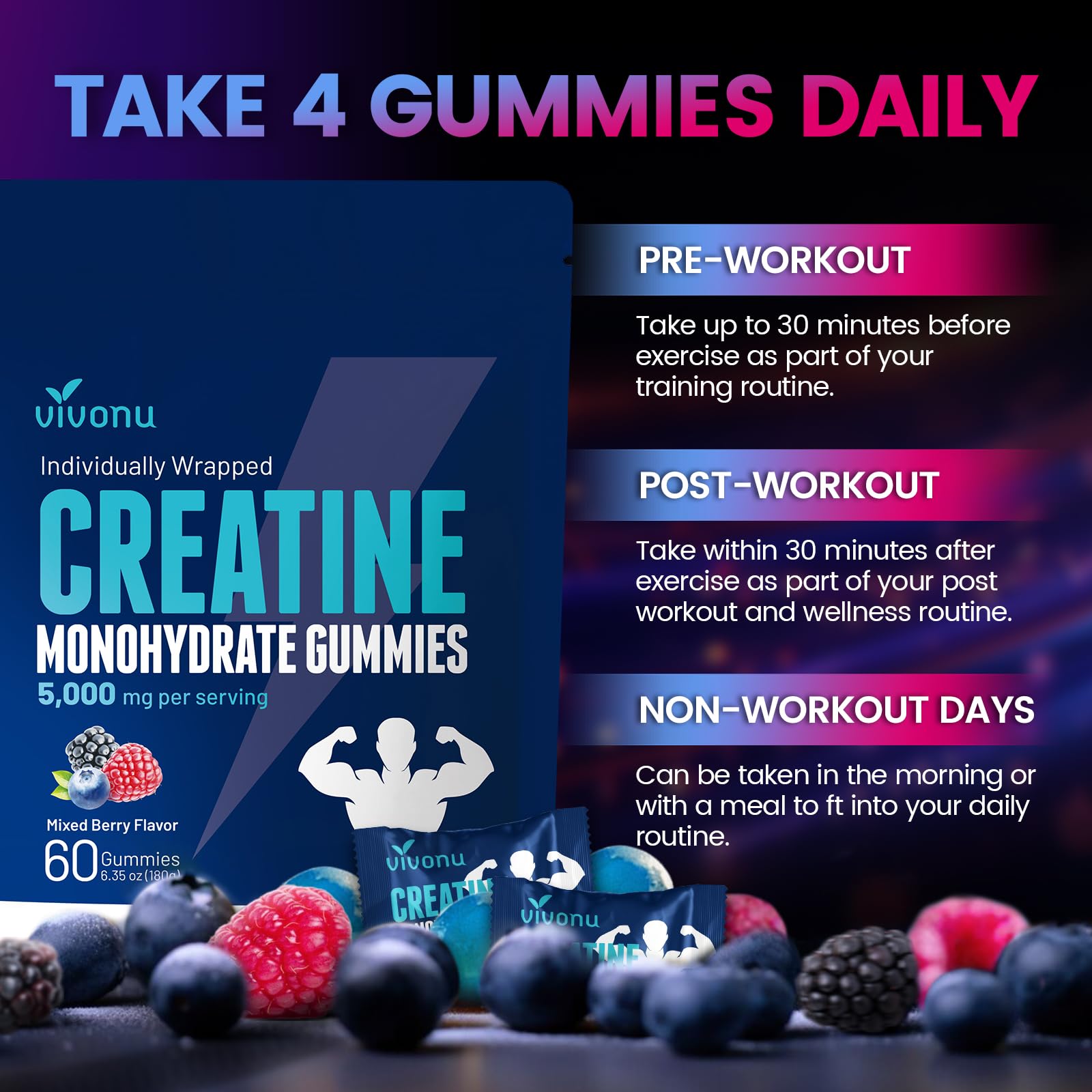 Gummies pouring from the resealable pouch for easy access before training.