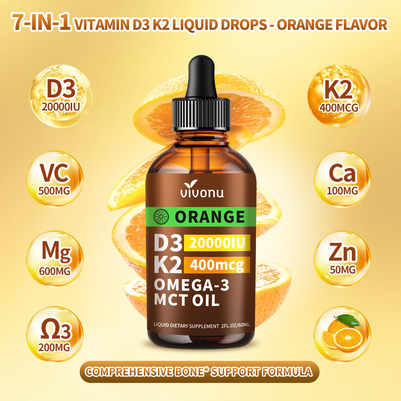 VivoNu D3K2 orange flavor drops poured into a glass for easy intake.