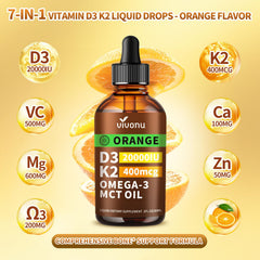 VivoNu D3K2 orange flavor drops poured into a glass for easy intake.